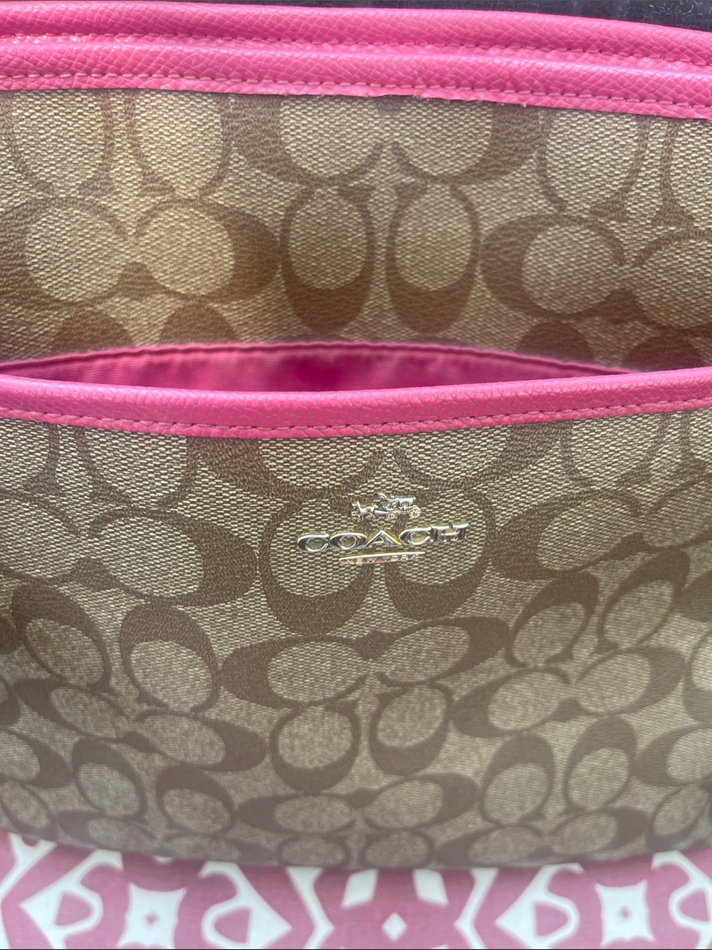 Coach Signature Crossbody with Pink Trim slight wear on the corners. - Picture 2 of 9
